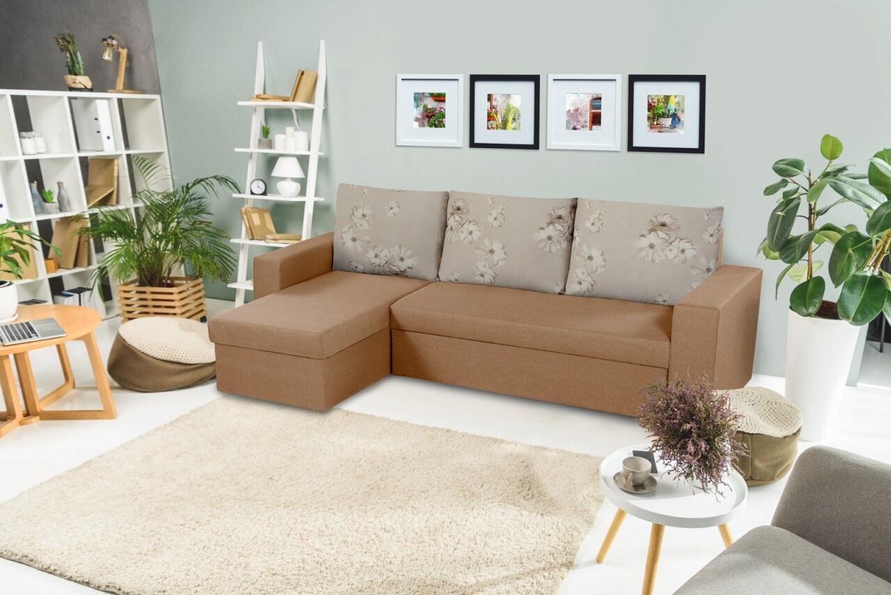 Coltar extensibil reversibil Oslo Cappuccino Daisies Flower cu lada de depozitare, 247x148x78 cm - imagine 7